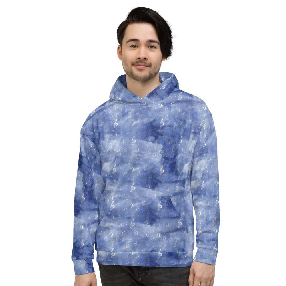 Blue Watercolor Music Notes Hoodie - all over print unisex hoodie white front c dbcb - Shujaa Designs