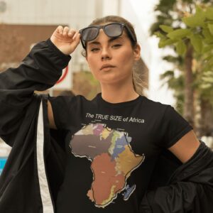 The TRUE SIZE of Africa - t shirt mockup of a bold woman wearing an athleisure outfit e - Shujaa Designs