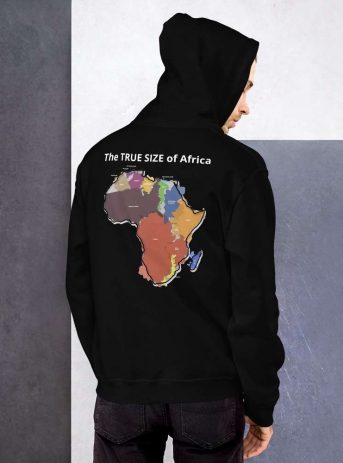The TRUE SIZE of Africa Hoodie (back print) - unisex heavy blend hoodie black back f d - Shujaa Designs