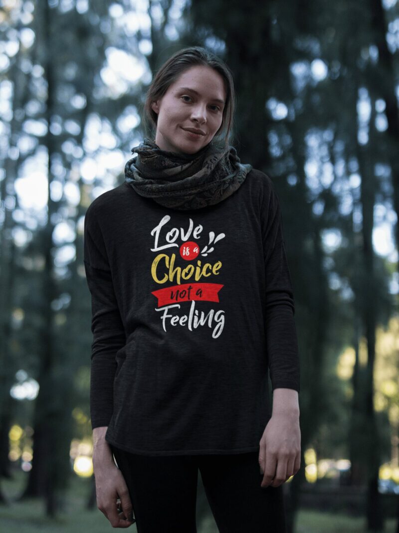 Love is a Choice Unisex Sweatshirt - beautiful girl wearing a bella canvas flowy long sleeve tee mockup in the woods a - Shujaa Designs