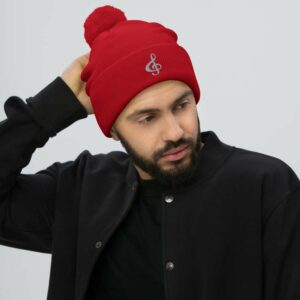 Treble Clef Pom-Pom Beanie - pom pom knit cap red front c a a - Shujaa Designs