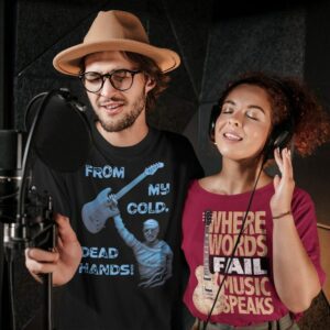 From My Cold Dead Hands Cotton Crew Tee - t shirt mockup of two musicians singing at a recording studio r el - Shujaa Designs