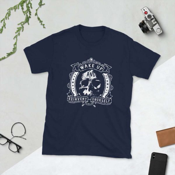 Wake Up And Reinvent Yourself – Motivational Typography Design Short-Sleeve Unisex T-Shirt - unisex basic softstyle t shirt navy front afa ac - Shujaa Designs