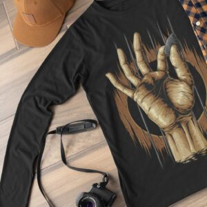 Guitar Hand Unisex Long Sleeve Tee - flat lay long sleeve t shirt mockup of a men s outfit - Shujaa Designs