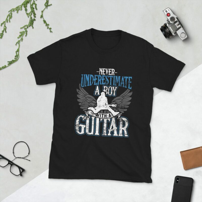 Never Underestimate A Boy With Guitar Short-Sleeve Unisex T-Shirt - unisex basic softstyle t shirt black front fd ad - Shujaa Designs