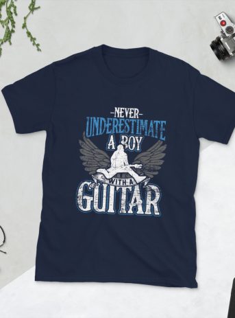 Never Underestimate A Boy With Guitar Short-Sleeve Unisex T-Shirt - unisex basic softstyle t shirt navy front fd ad d - Shujaa Designs