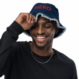 HERO Embroidered Distressed denim bucket hat - distressed denim bucket hat classic denim front fe f ac - Shujaa Designs