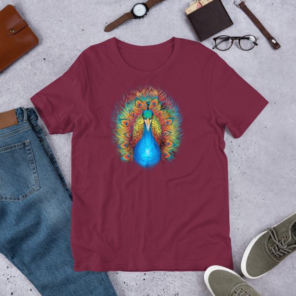 Rainbow Peacock Unisex t-shirt - unisex staple t shirt maroon front f b d e - Shujaa Designs