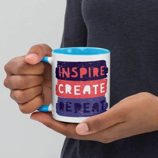 Private: Inspire Create Repeat Motivational Quote Mug with Color Inside - white ceramic mug with color inside blue oz left b d - Shujaa Designs