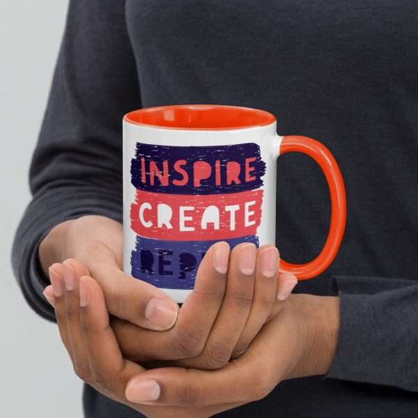 Private: Inspire Create Repeat Motivational Quote Mug with Color Inside - white ceramic mug with color inside orange oz right b - Shujaa Designs