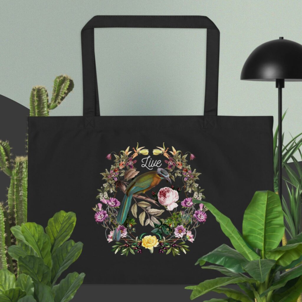 Private: Bird And Flowers Large organic tote bag - large eco tote black back d e ab - Shujaa Designs