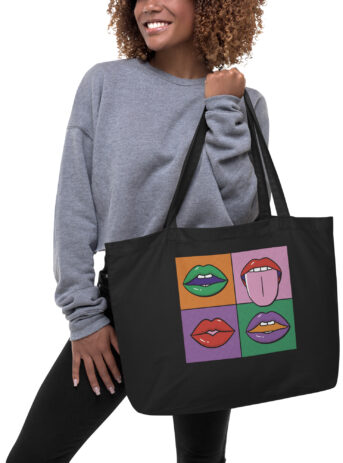 Private: Pop Lips Large organic tote bag - large eco tote black front c ba - Shujaa Designs