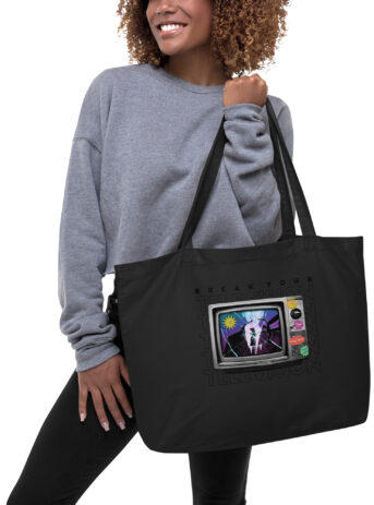 Private: Brea,k Your Television Large organic tote bag - large eco tote black front c f e b - Shujaa Designs