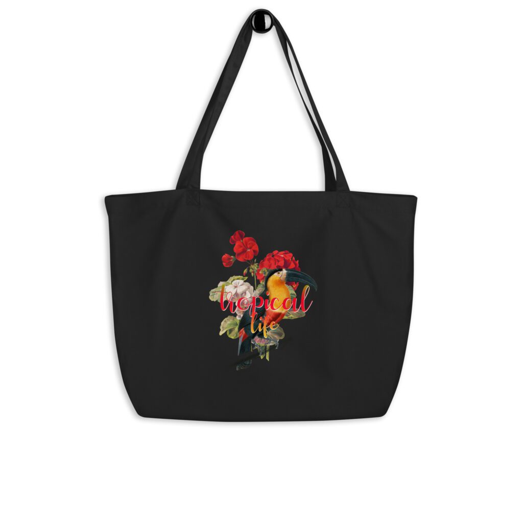 Private: Tropical Life Large organic tote bag - large eco tote black front c ccbc - Shujaa Designs