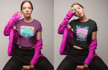 The History Of The T-Shirt - diptych t shirt mockup of a girl sitting on a stool a - Shujaa Designs