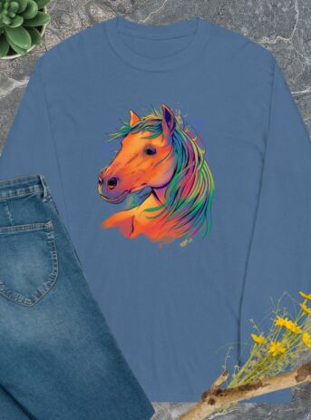 Private: Watercolor Horse Long Sleeve Shirt - mens long sleeve shirt indigo blue front ba d e - Shujaa Designs