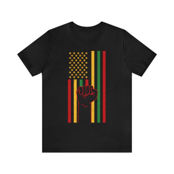Juneteenth US Flag With Clenched Fist Unisex Jersey Short Sleeve Tee - .jpg - Shujaa Designs