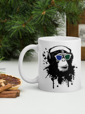 Cool Chimpanzee Listening To Music White Glossy Mug - white glossy mug white oz handle on left b f df .jpg - Shujaa Designs