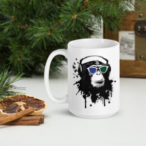 Cool Chimpanzee Listening To Music White Glossy Mug - white glossy mug white oz handle on left b f f .jpg - Shujaa Designs