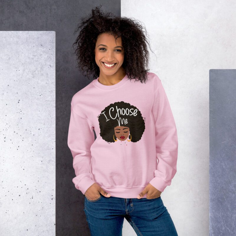 I Choose Me – Cute Girl With Afro – Unisex Sweatshirt - unisex crew neck sweatshirt light pink front a de .jpg - Shujaa Designs